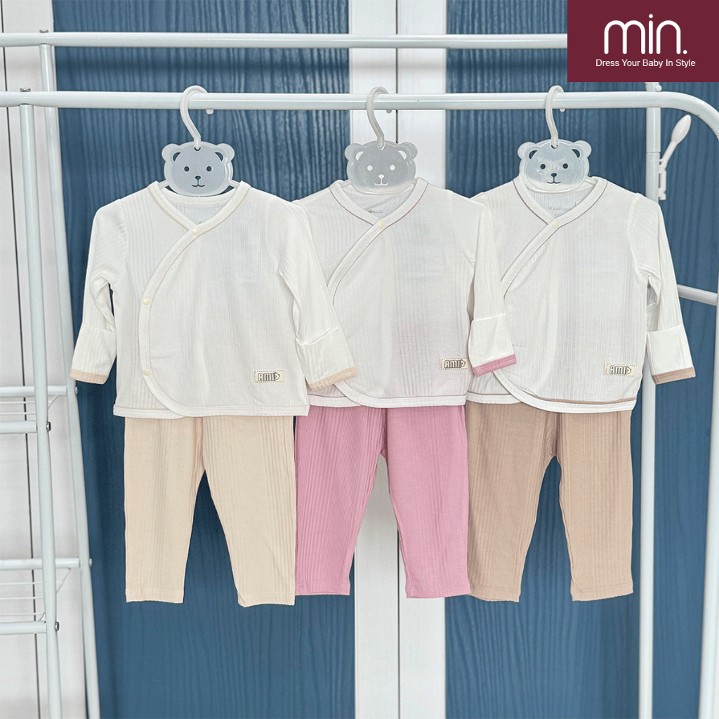 Bộ Dài Tay Sơ Sinh Anminaza Cài Chéo Thiết Kế Bao Tay Lật Vải Tăm Mềm Mịn An Toàn Cho Da Bé - Hàng Chính Hãng AMI0365