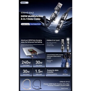Cáp sạc đa năng 4in1 Remax C7 Công suất 240W, dài 1.5M, Kèm móc đeo tiện lợi