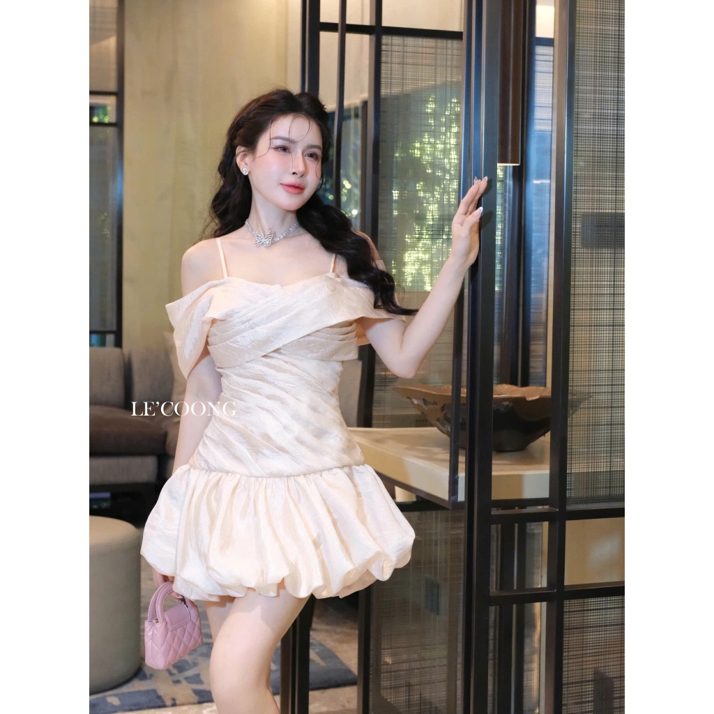 Ảnh Đầm Tiểu Thư Dáng Bí Trễ Vai LECOONG V739 Đầm Đẹp Màu Đen Be Thiết Kế Sang Chảnh 4