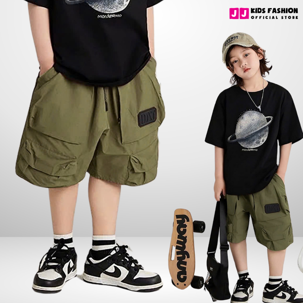 Quần Short Dù Gió Trẻ Em Form Rộng Streetwear Bé Trai, Bé Gái 4–14 Tuổi | JJ Kids Fashion B619
