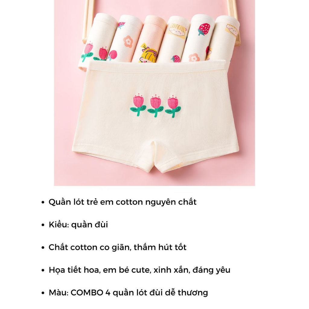 COMBO 4 Quần chip đùi bé gái cao cấp thấm hút mồ hôi co giãn đa chiều họa tiết xinh xắn LANIXA L8026