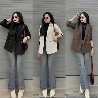Áo Khoác Blazer Nữ Suông 4 nút Đồng 2 Lớp Vải Chéo Hàn A4