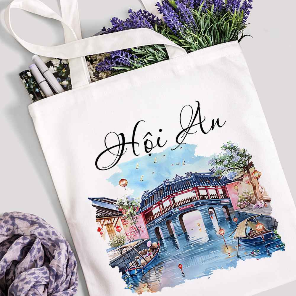 Túi vải Canvas túi Tote họa tiết Hội An - Đà Nẵng phong cách thời trang đeo vai đi chơi đựng đồ tiện dụng tota077