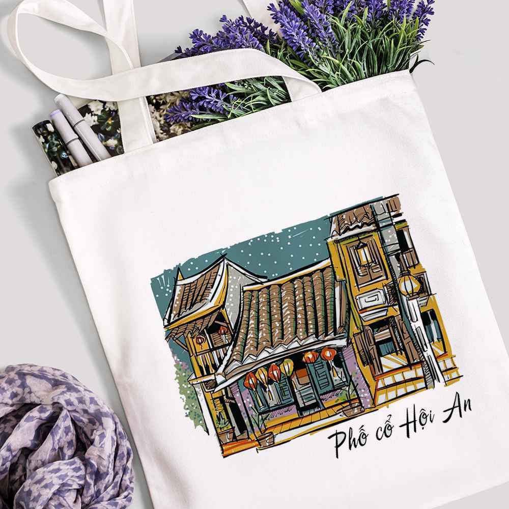 Túi vải Canvas túi Tote họa tiết Hội An - Đà Nẵng phong cách thời trang đeo vai đi chơi đựng đồ tiện dụng tota077