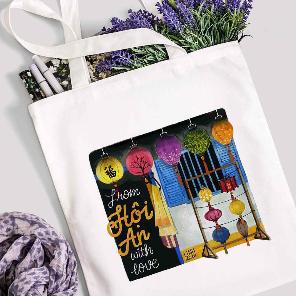 Túi vải Canvas túi Tote họa tiết Hội An - Đà Nẵng phong cách thời trang đeo vai đi chơi đựng đồ tiện dụng tota077