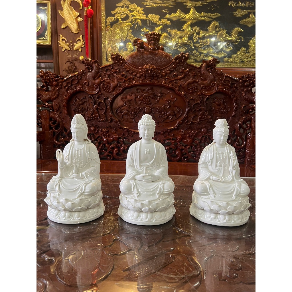 Bộ Tượng Tam Thánh Gốm Sứ Men Trắng Cao Cấp, Tượng Quan Thế Âm Bồ Tát, Tượng Phật A Di Đà, Tượng Đại Thế Chí
