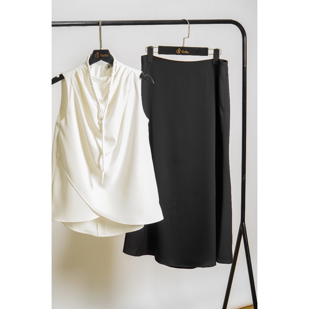 Vella Fashion set áo kiểu cổ đổ không tay và chân váy midi VA24096 VV24097 - BELLA Set