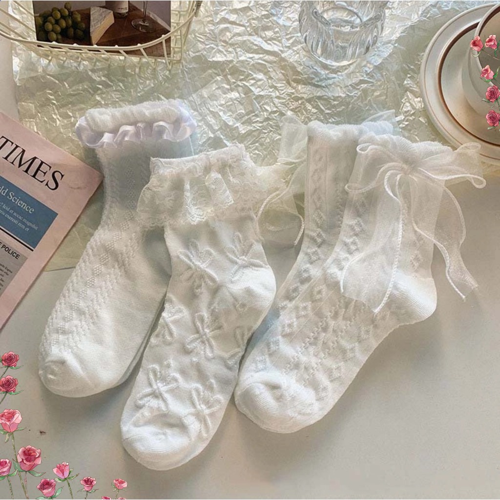 Tất lolita cho nữ tất ren nơ Chất liệu cotton thoáng mát, thấm hút mồ hôi
