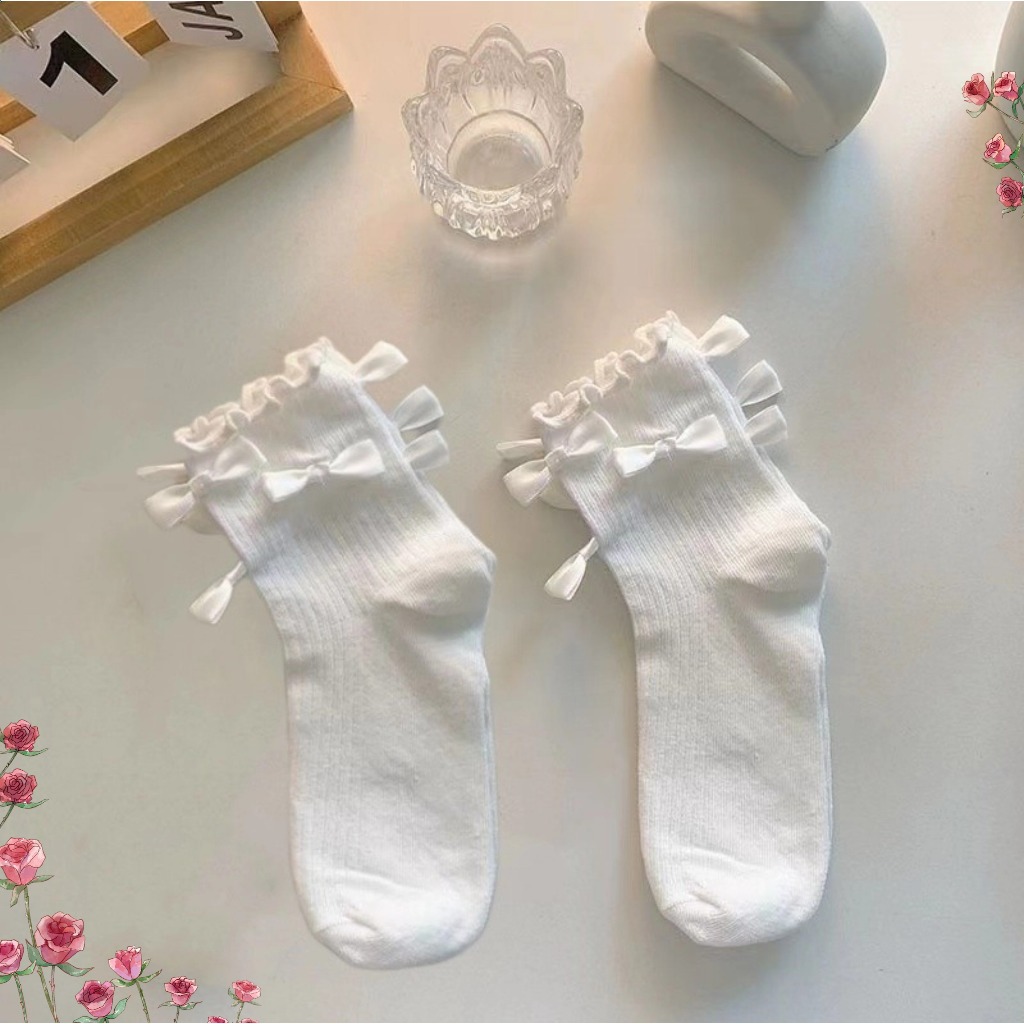 Tất dài đến bắp chân, tất nơ Nhật Bản dễ thương, màu trắng và đen