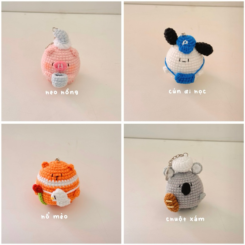 Móc Khoá Len Animal Béo Ú Tròn Biệt Đội Đi Học Đeo Túi Mochi Handmad Mềm Mịn