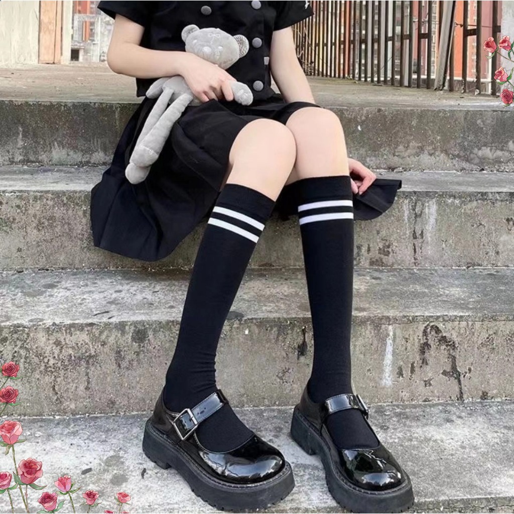 Tất nữ phong cách hàn quốc tất sọc qua đầu gối phong cách preppy nhật bản