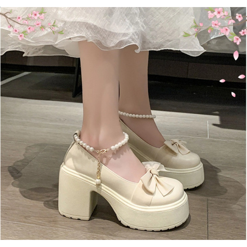 🔥Còn hàng🔥Lolita Giày Búp Bê Nữ 7p,Quai ngọc Mũi Nơ Đế cao,đen và trắng(Lấy lùi 1 size)