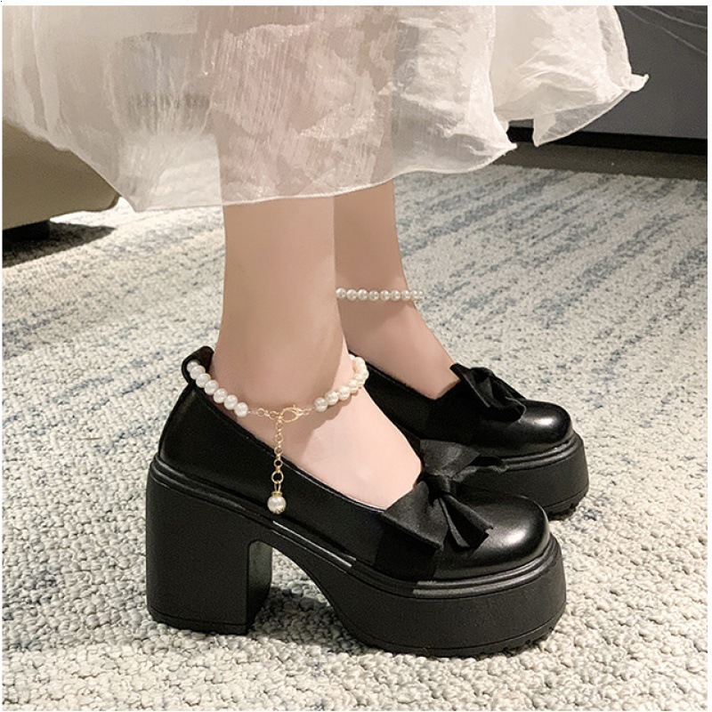 🔥Còn hàng🔥Lolita Giày Búp Bê Nữ 7p,Quai ngọc Mũi Nơ Đế cao,đen và trắng(Lấy lùi 1 size)