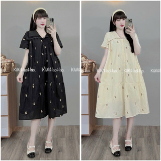 VÁY BẦU CỘC TAY THÊU THỎ 2 LỚP CỔ VUÔNG XINH - 2 Màu