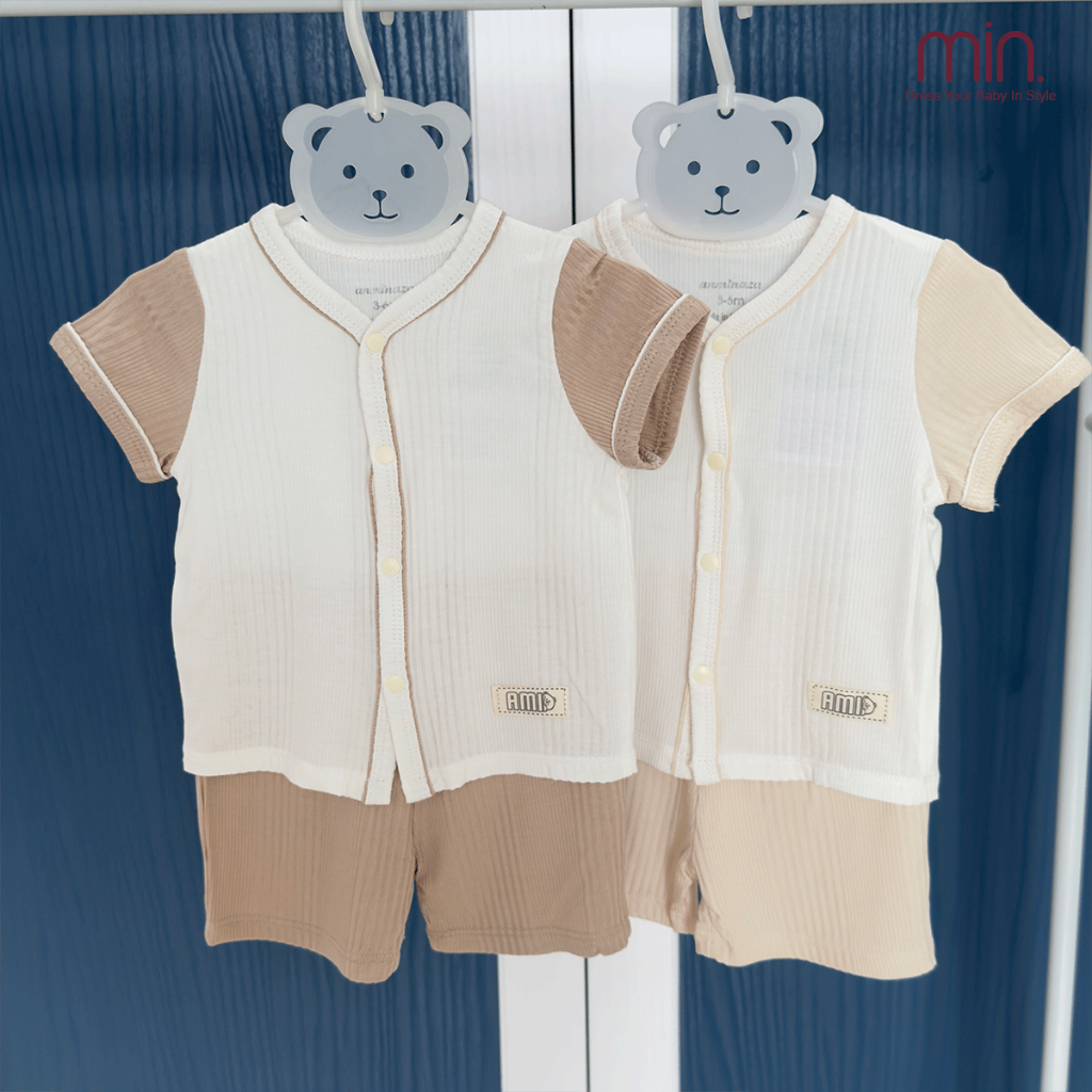 Bộ Sơ Sinh Cộc Tay Anminaza Thiết Kế Viền Lé Vải Sợi Tre Mềm Mại Mát Dịu An Toàn Cho Bé - Hàng Chính Hãng AMI0354