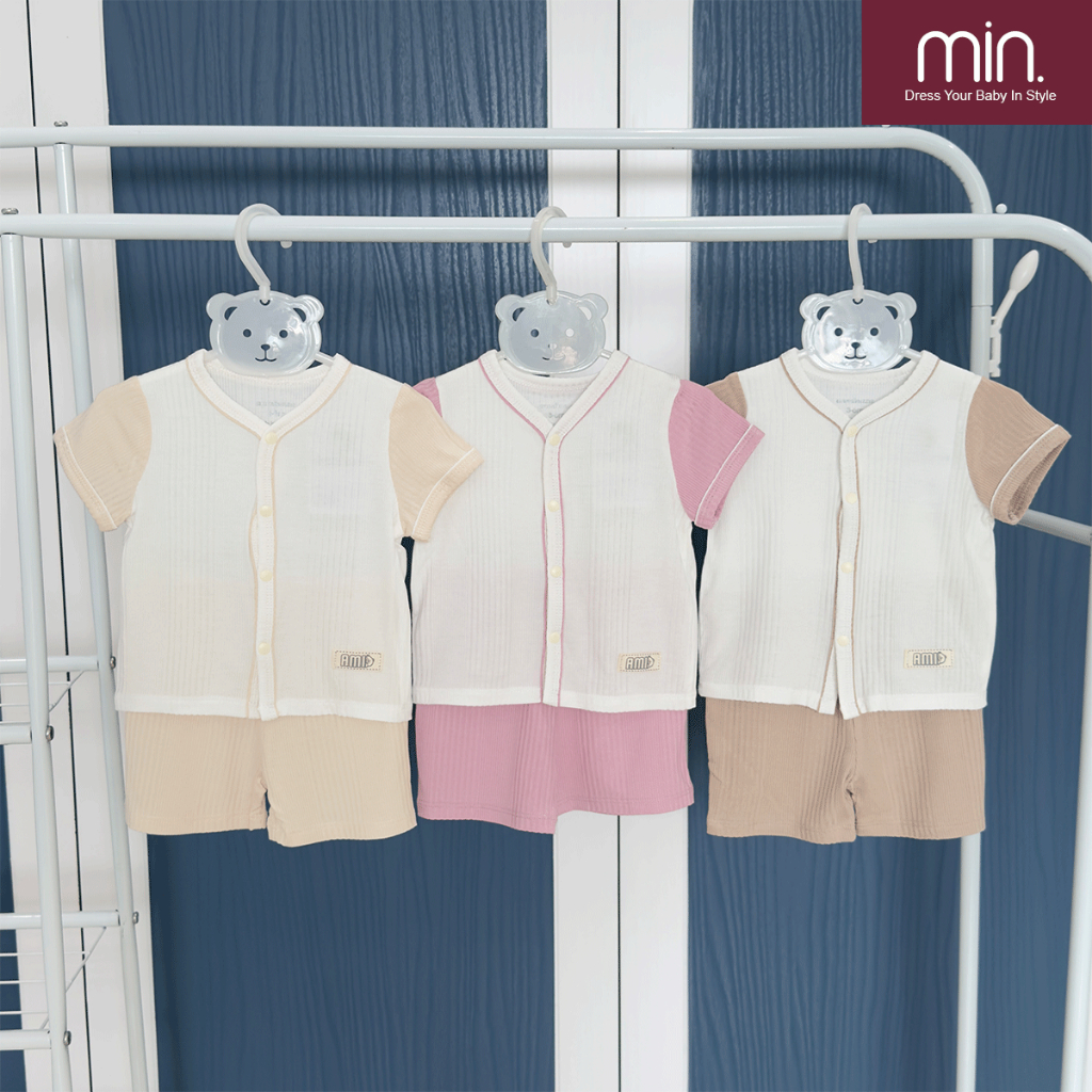 Bộ Sơ Sinh Cộc Tay Anminaza Thiết Kế Viền Lé Vải Sợi Tre Mềm Mại Mát Dịu An Toàn Cho Bé - Hàng Chính Hãng AMI0354