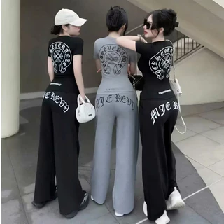 Set Bộ Thể Thao Cộc Tay In Chữ Logo Đằng Sau Áo Croptop Mix Quần Ống Suông Cá Tính Năng Động Girl Phố (bộ in sau)