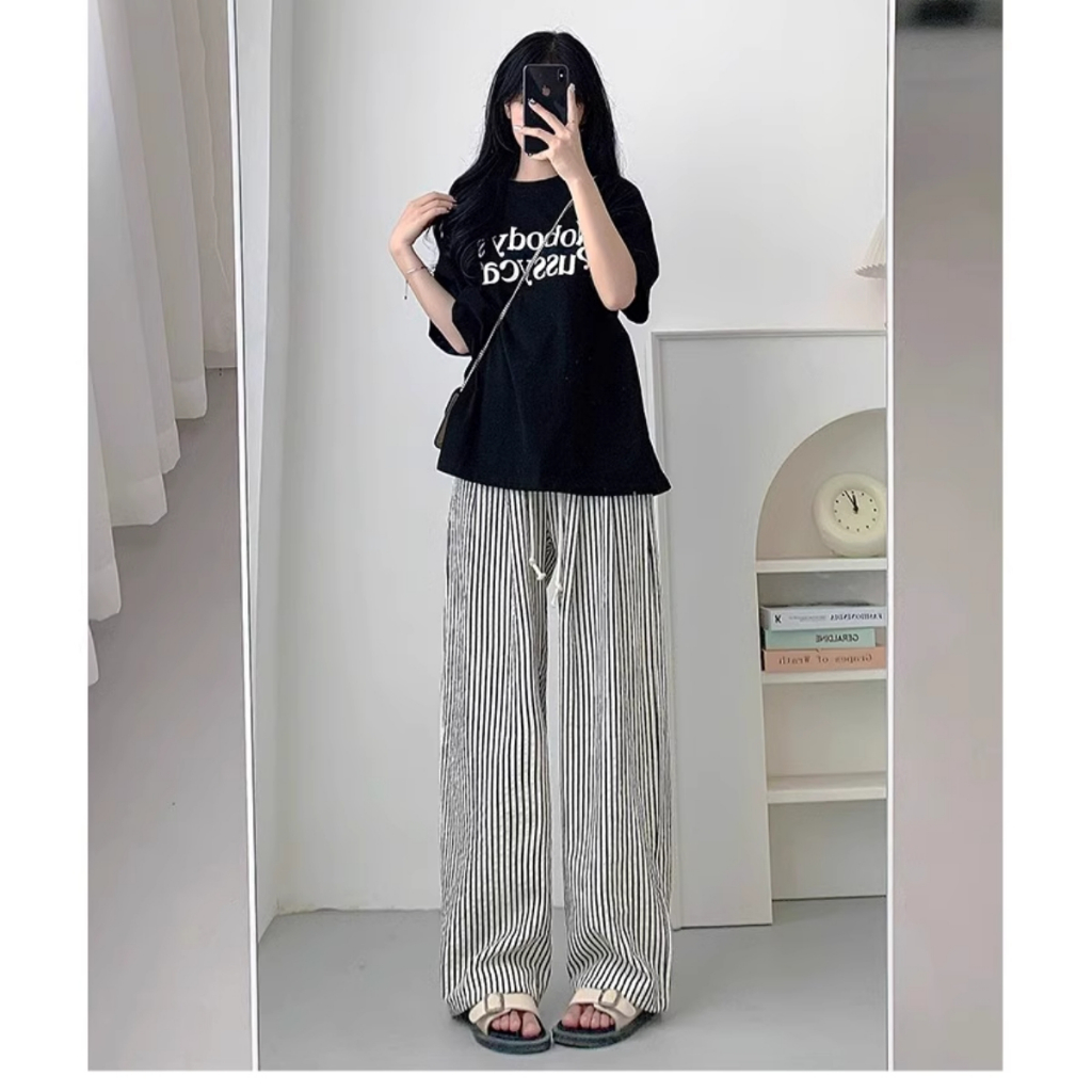 Ảnh Quần Kẻ Sọc Dài Nữ Bigsize Dáng Suông Dài Cạp Cao Lưng Chun Thoải Mái Cho Nàng Chubby Q534 1