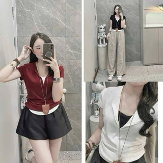 Áo Thun Kéo Khóa Cộc Tay Mùa Hè Siêu Xinh, Áo Nhún Eo Phối Hai Lớp Thời Trang Năng Động