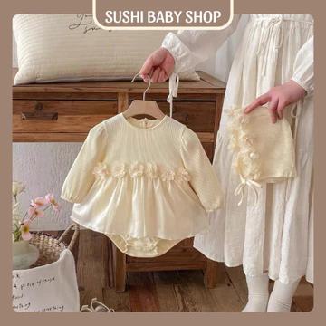 Váy công chúa kèm mũ cho bé gái SUSHI BABY SHOP bodysuit liền thân sơ sinh đầm đầy tháng thôi nôi phong cách tiểu thư