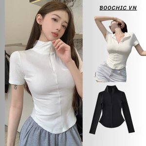Áo thun cổ đứng khoá kéo đuôi tôm chất liệu tăm hàn định lượng 250GSM - BOOCHIC