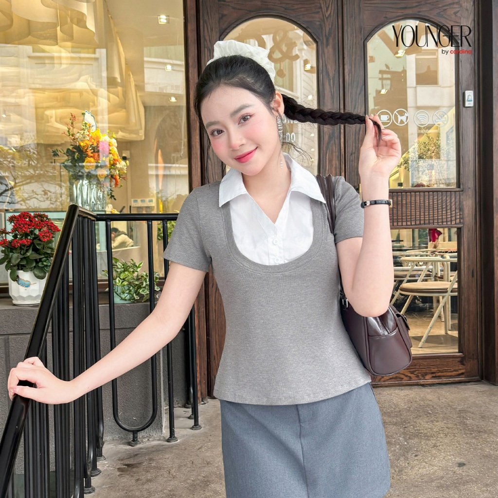 Ảnh Áo thun nữ YOUNGER BY CARDINA chất liệu tăm hàn phối cổ trendy năng động 5YAFC02 3