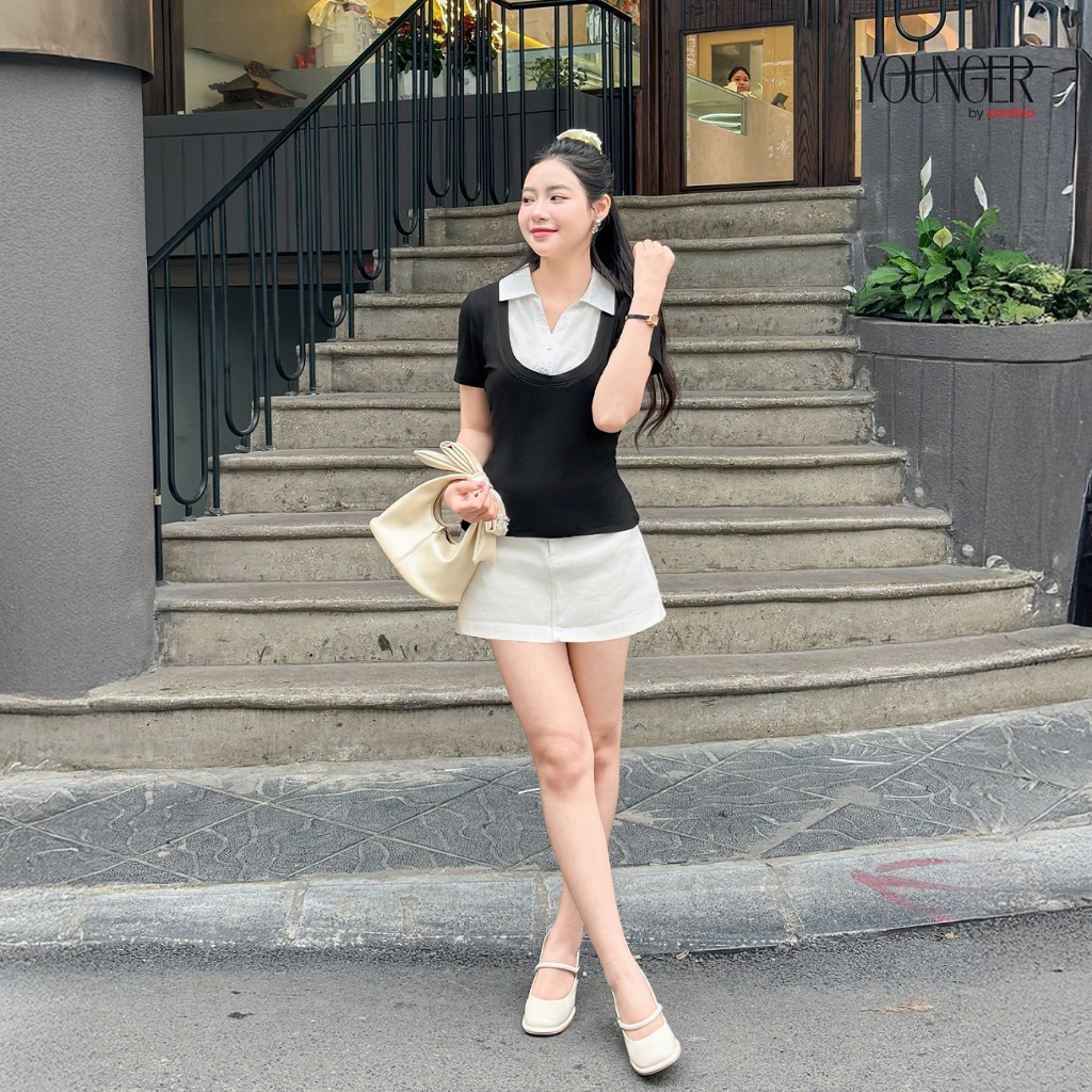 Ảnh Áo thun nữ YOUNGER BY CARDINA chất liệu tăm hàn phối cổ trendy năng động 5YAFC02 1