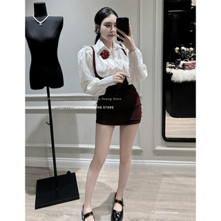 [S2.3042] Set Áo Sơmi Thô Mềm Mix Yếm Umi 2 Lớp Dày Dặn Kèm Hoa Trà