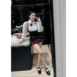 [S2.3042] Set Áo Sơmi Thô Mềm Mix Yếm Umi 2 Lớp Dày Dặn Kèm Hoa Trà