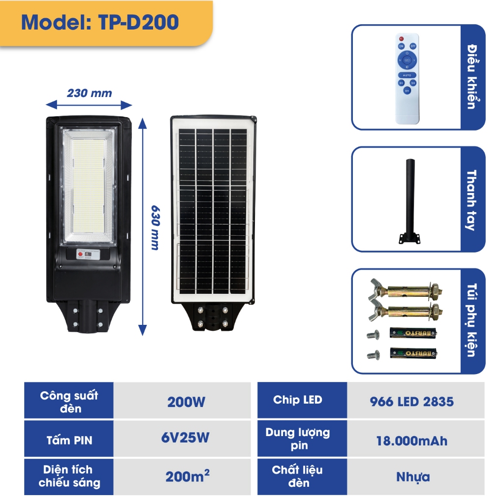 Ảnh Đèn Đường Liền Thể Năng Lượng Mặt Trời TP SOLAR TP-D200 Công Suất 200W Cảm Biến Chuyển Động, Chống Nước IP68 - BH 3 Năm 3