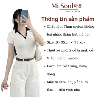 Áo Thun Cotton Nữ Cộc Tay MiSoul Cổ V Phối 2 Màu Basic Dáng Ôm Tôn Dáng BigSize, Áo Cộc Tay Cổ V 400