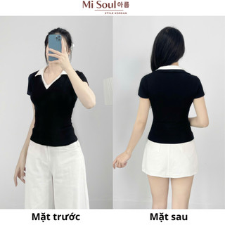 Áo Thun Cotton Nữ Cộc Tay MiSoul Cổ V Phối 2 Màu Basic Dáng Ôm Tôn Dáng BigSize, Áo Cộc Tay Cổ V 400