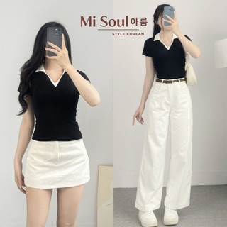 Áo Thun Cotton Nữ Cộc Tay MiSoul Cổ V Phối 2 Màu Basic Dáng Ôm Tôn Dáng BigSize, Áo Cộc Tay Cổ V 400