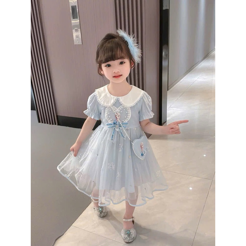 Váy công chúa Elsa cổ sen chất cotton size 8-28kg DL62- váy cho bé Diệu Linh shop kids( kèm túi cườm)