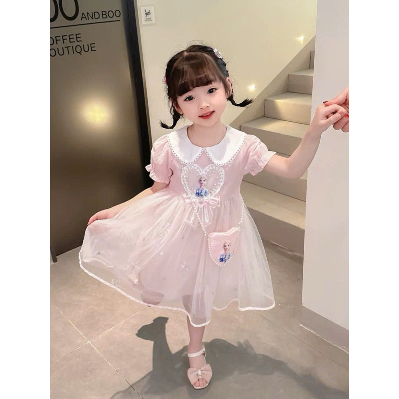 Váy công chúa Elsa cổ sen chất cotton size 8-28kg DL62- váy cho bé Diệu Linh shop kids( kèm túi cườm)