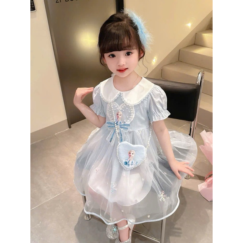 Váy công chúa Elsa cổ sen chất cotton size 8-28kg DL62- váy cho bé Diệu Linh shop kids( kèm túi cườm)