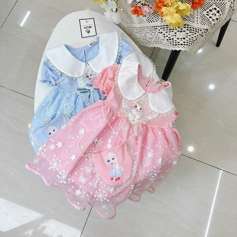 Váy công chúa Elsa cổ sen chất cotton size 8-28kg DL62- váy cho bé Diệu Linh shop kids( kèm túi cườm)