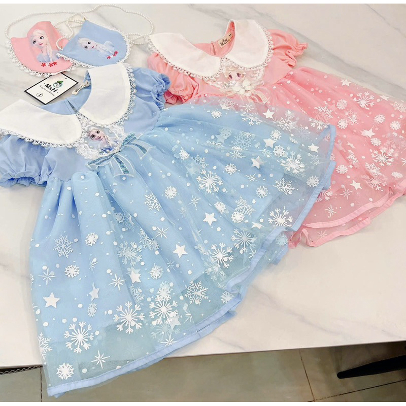 Váy công chúa Elsa cổ sen chất cotton size 8-28kg DL62- váy cho bé Diệu Linh shop kids( kèm túi cườm)