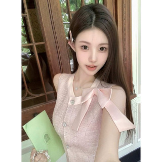 Set váy dạ tweet dệt kim đính nơ hồng áo ba lỗ chân váy có lót trong siu xinh