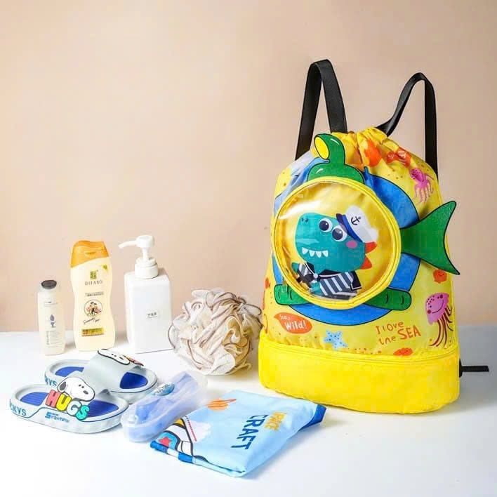 Túi, balo đựng đồ bơi đồ ướt đựng giày có 2 ngăn chống nước riêng biệt hình in 4D ngộ nghĩnh đáng yêu cho bé