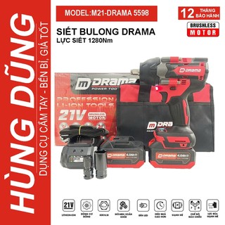 Máy siết bulong pin DRAMA D-5598, Động cơ không chổi than Lực siết 1280N.m Tặng túi vải