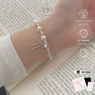 Lắc Tay Bạc Nữ S925 Vòng Tay PJN Dây Bạc Vỡ Charm Trái Tim Bi Tròn Mix Nơ Và Đá Ngọc Trai Xinh Xắn VT11