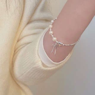 Lắc Tay Bạc Nữ S925 Vòng Tay PJN Dây Bạc Vỡ Charm Trái Tim Bi Tròn Mix Nơ Và Đá Ngọc Trai Xinh Xắn VT11
