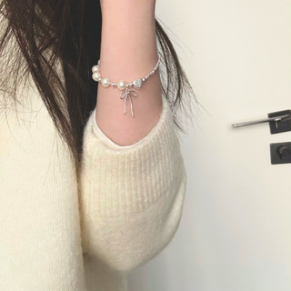 Lắc Tay Bạc Nữ S925 Vòng Tay PJN Dây Bạc Vỡ Charm Trái Tim Bi Tròn Mix Nơ Và Đá Ngọc Trai Xinh Xắn VT11