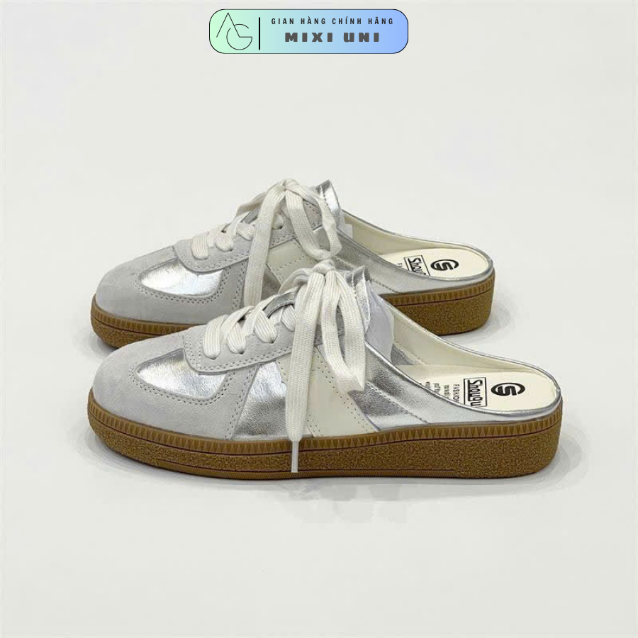 Giày sục nữ kiểu dáng sục Loafer, dày lười hở gót da lộn phối bạc, sang trọng, nữ tính.
