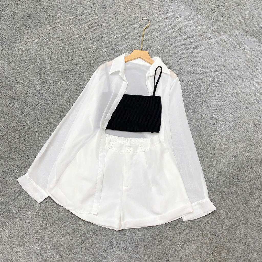 Set Đồ Đi Biển Bigsize Nữ 3 Móm Áo Sơ Mi Voan Kèm Áo 2 Dây, Quần Đùi Big Size Vải Fos SET967
