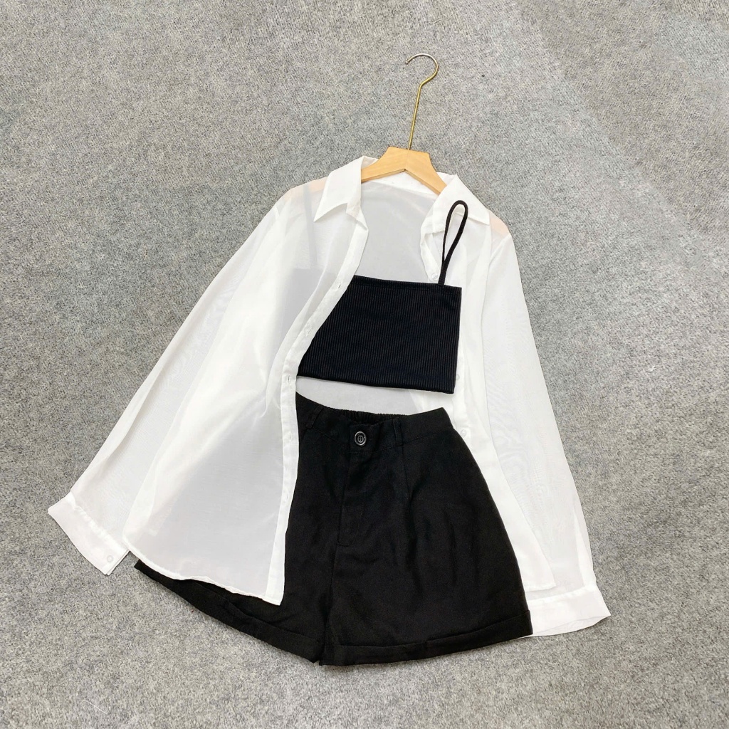 Set Đồ Đi Biển Bigsize Nữ 3 Móm Áo Sơ Mi Voan Kèm Áo 2 Dây, Quần Đùi Big Size Vải Fos SET967