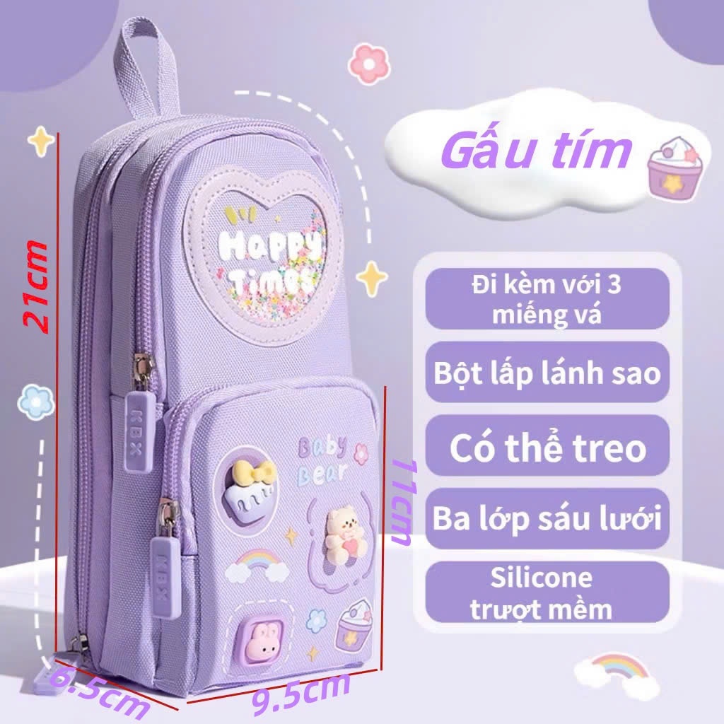 Hộp bút dáng balo 3 lớp 6 ngăn gắn charm 3D xinh xắn, túi đựng bút bé gái cao cấp, đồ dùng họ tập, văn phòng ntt95
