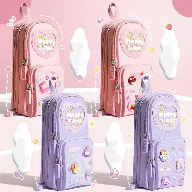 Hộp bút dáng balo 3 lớp 6 ngăn gắn charm 3D xinh xắn, túi đựng bút bé gái cao cấp, đồ dùng họ tập, văn phòng ntt95