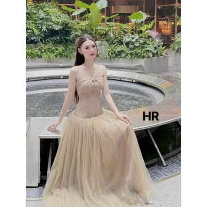 Váy dáng dài váy trễ vai váy nữ dự tiệc cưới váy nâu lưới liền siêu xinh HUY HÍP
